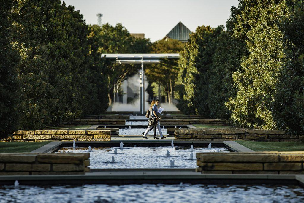 Photos of students walking in Margaret McDermott Plaza