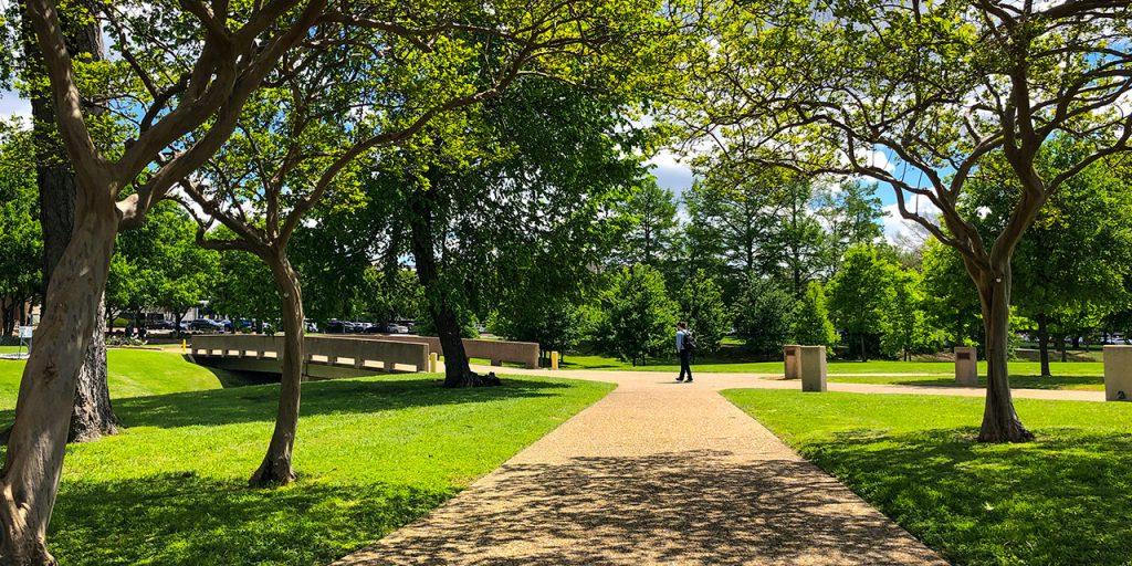 Student walking near a bridge on campus