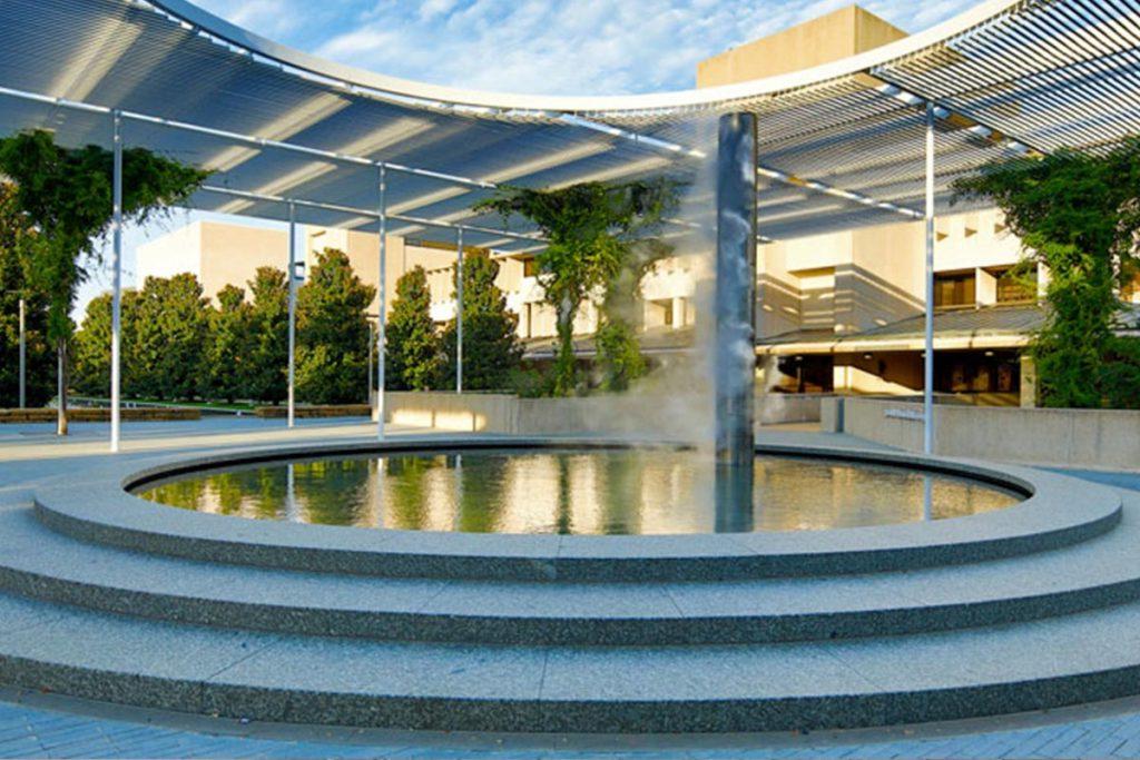 The misting column and trellis in the center of campus.