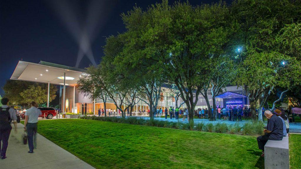 Exterior of Davidson-Gundy Alumni Center at night. 