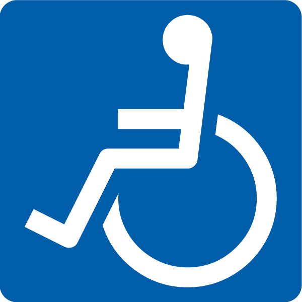 The International Symbol of Access. A abstract white outline of a person sitting in a wheelchair over a field of blue.